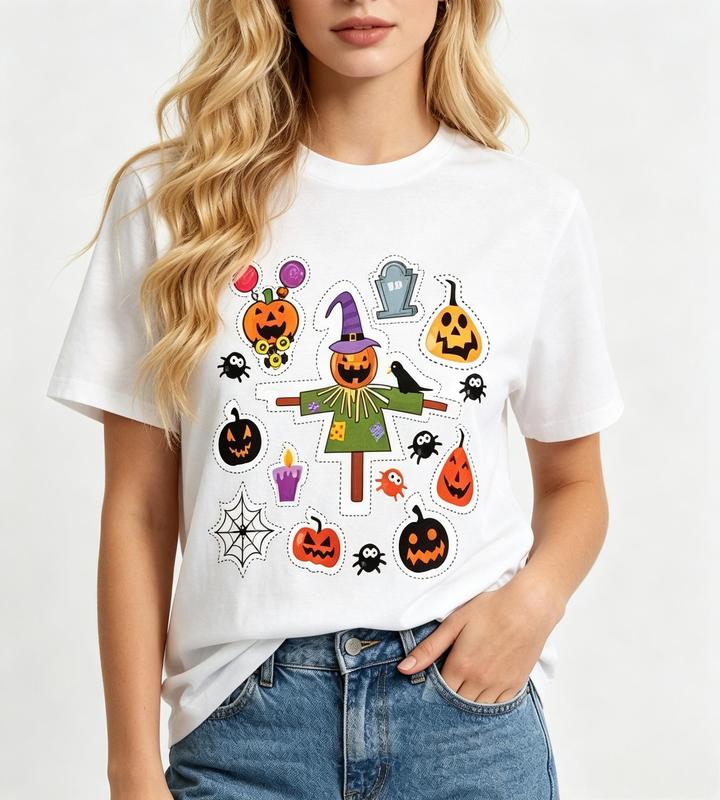 Women's Cotton Halloween Scarecrow T-Shirt - White, Pumpkin, Spider Web, Spooky Fall, Casual Short Sleeve Top with Flattering Fit & Trendy Style #sohochic