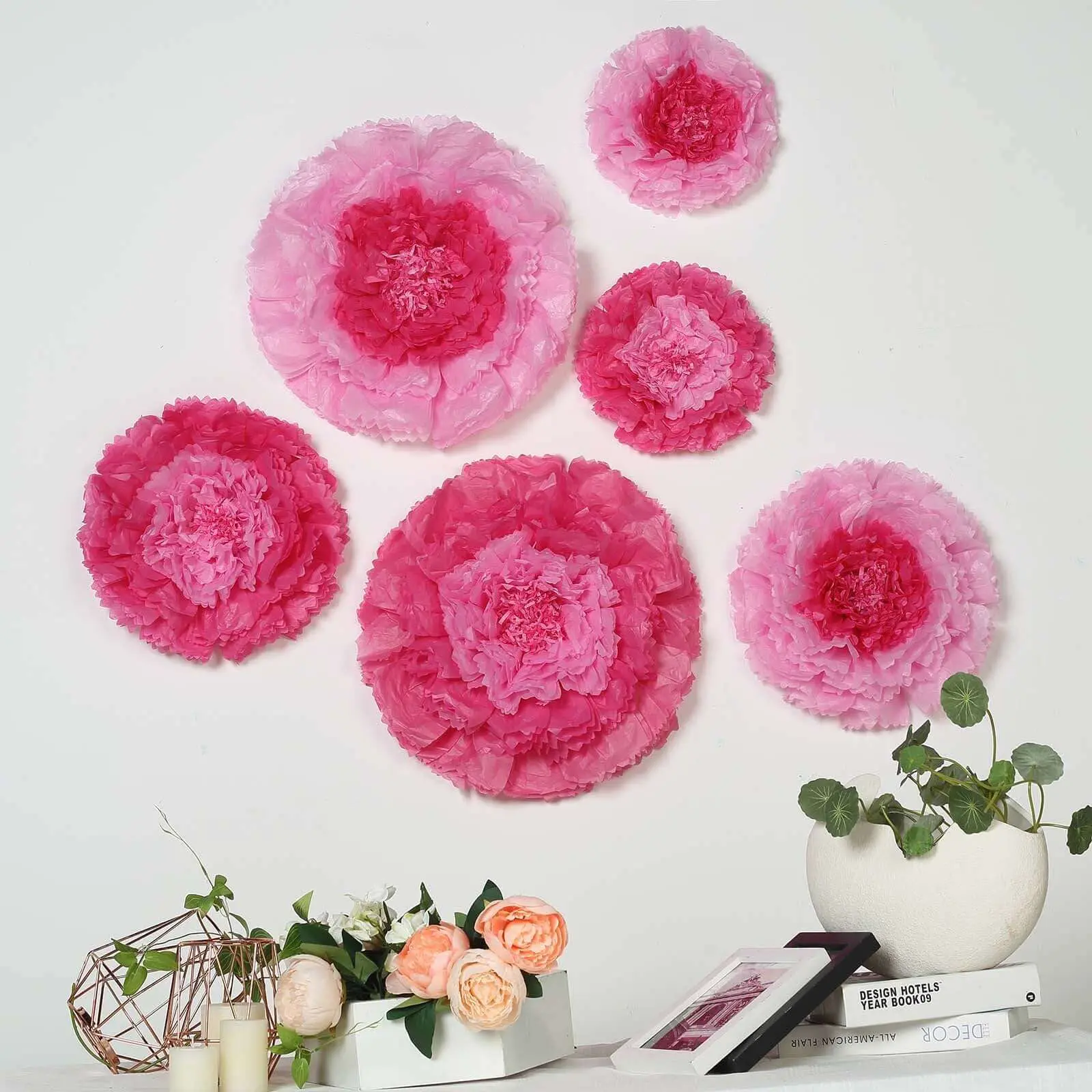 6-Piece Pink/Fuchsia Giant 3D Paper Carnation Artificial Bouquet Set, 12in/16in/20in Hanging Wall Ornaments for Home Decor Needs