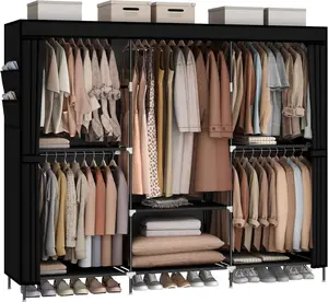 Portable 83" Closet Wardrobe, Freestanding Clothes Rack for Bedroom with Non-Woven Fabric Cover, 5 Hanging Rods, 6 Storage Shelves, Clothes Storage Organizer, Black