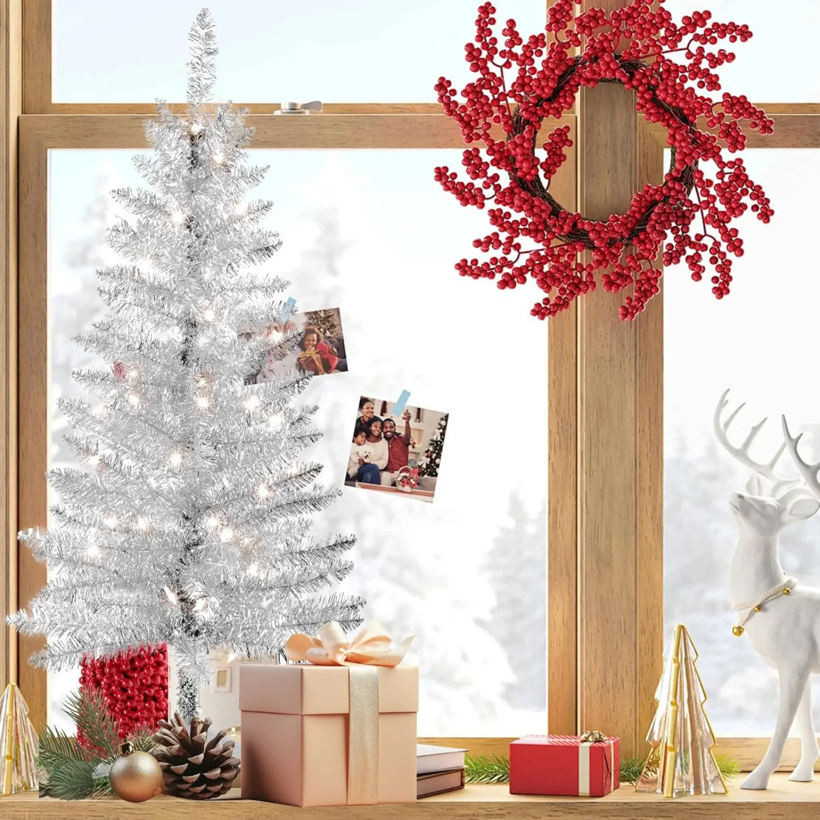 4ft Artificial Full Silver Christmas Tree with 50 Separate Lights Mini Silver Tinsel Pine Small Xmas Tree for Home Office Party Decoration Indoor PVC Branch Tips