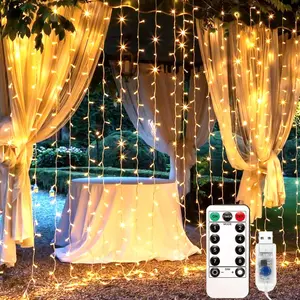 USB Powered Curtain String Light, Remote Control Adjustable Brightness LED String Light with 8 Lighting Modes, Decorative LED Lights for Bedroom Wedding Living Room, Home, Outdoor