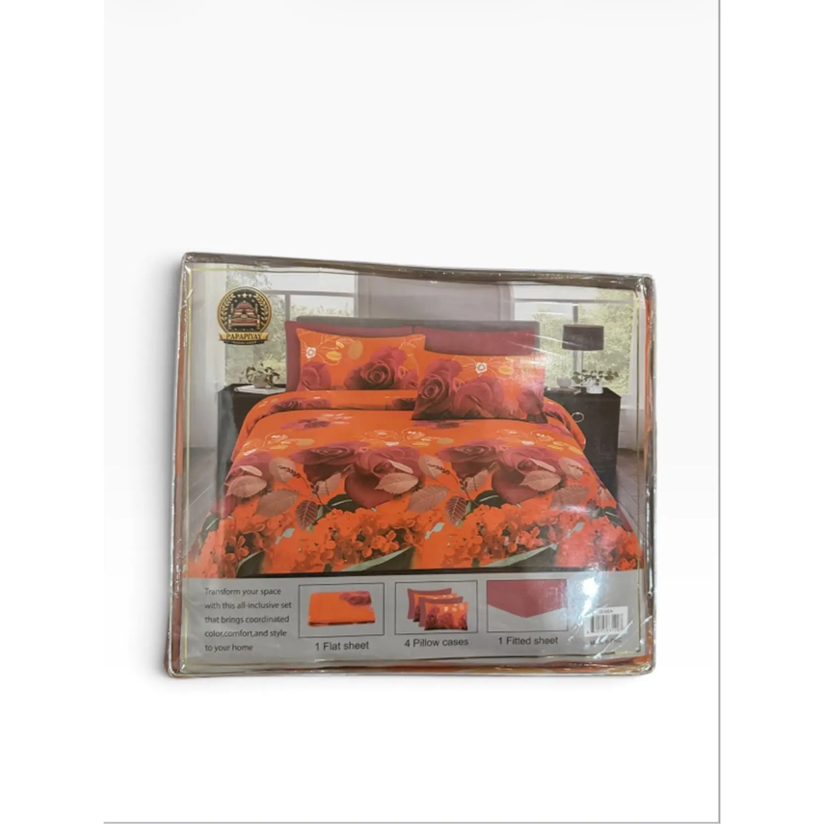 Bedding Set with 1 Flat Sheet, 4 Pillow Cases, and 1 Fitted Sheet - Orange Floral Design for Comfort and Style