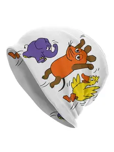 Men'S Cartoon Mouse & Elephant Beanie Hat - Playful Animal Design with Orange Mouse, Purple Elephant & Yellow Duck, Soft Stretchy Skull Cap for Casual & Themed Events, Novelty Fashion Accessory