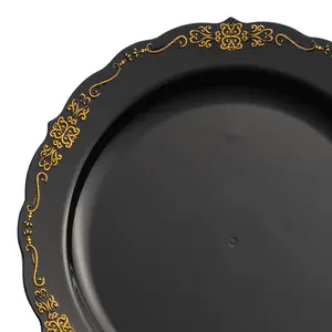Black with Gold Vintage Rim Round Disposable Plastic Dinner Plates (10")