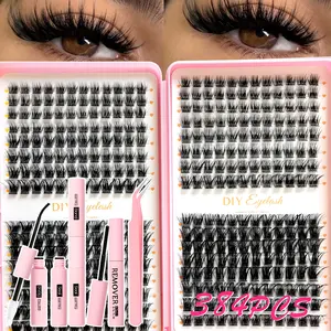 384 Cluster Eyelash Extension Kit, 8-16mm, Includes Glue Tweezers Remover Cream, Mixed Style, Natural Look Lashes, 0.07 Thickness, Home Self-Lamination
