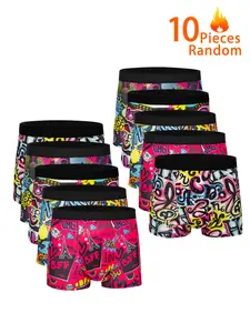 10-Pcs Men's Stretchy Boxer Briefs, Random Geometric Patterns, Trendy Graffiti Print, Slim-Fitting, Stretch, All Seasons, Daily Casual Underwear