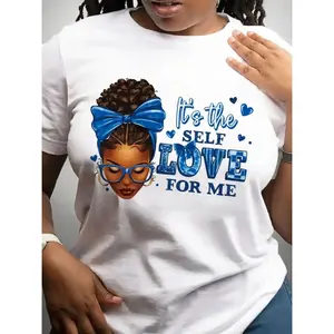 Plus Size Women's Casual T Shirt with Self Love Quote Blue Portrait and Letter Print Round Neck Short Sleeve Breathable Soft Fabric for Spring Summer Machine Washable Ideal Casual or Gift Option Trendy Feminine Clothing