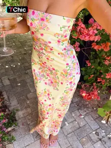 Women's Floral Print Tube Dress, Elegant Strapless Formal Long Dress for Parties, Holidays & Wedding Guests, Ladies' Summer Dress