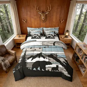 7Pcs Rustic Bear Comforter Sets ,Wildlife Hunting Decor Forest Wild Animal Comforter Set Bed in a Bag(1 Comforter,1 Flat Sheet 1 Fitted Sheet 2 Pillowcases and 2 Throw Pillow Covers)