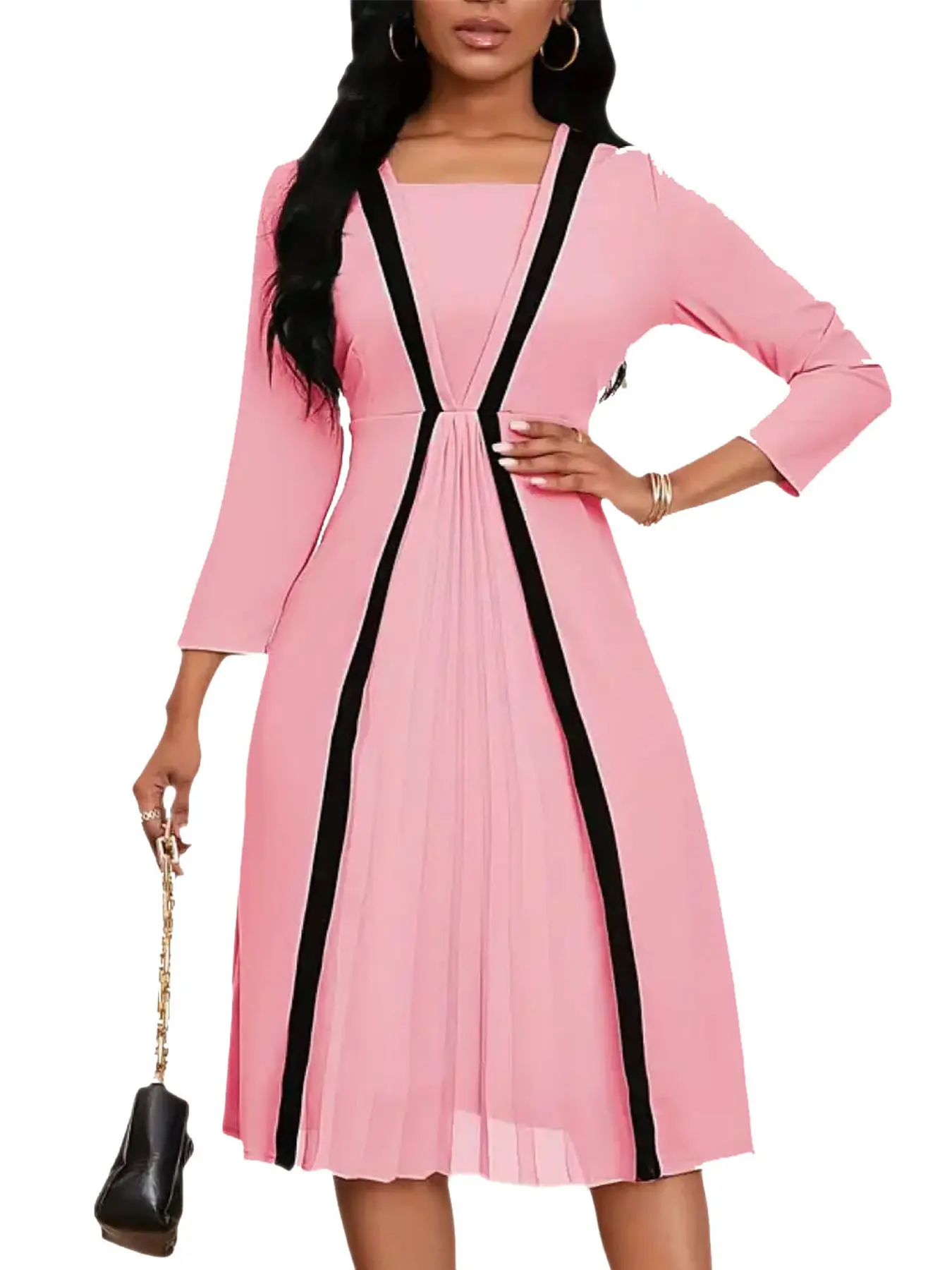 2-in-1 Soft Micro Elastic Polyester Elegant Pendulum Dress, 3/4 Sleeve, Machine Washable, Solid Color, All-Season Wear For Work Office - Versatile And Chic Womens Clothing