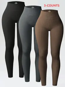 Women's Plain Ribbed Sporty Athleisure Fitness Leggings, High Waist Butt Lifting Medium Elasticity, Ideal for Gym Workout, Fashionable All-Seasons Activewear, High Waisted Leggings