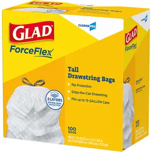 Glad ForceFlex Tall 13 Gallon Drawstring Kitchen Trash Bag White 100 Total Bags for Spacious Kitchen Use and Leak Prevention Pack
