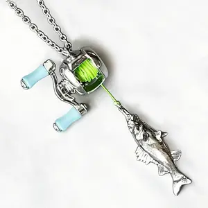 Mini Rotating Fishing Reel Jewelry Set Functional Fidget Spinner Necklace Ring Combo for Anglers Unique Gift with 50 cm Necklace Length Premium Alloy Silver Finish