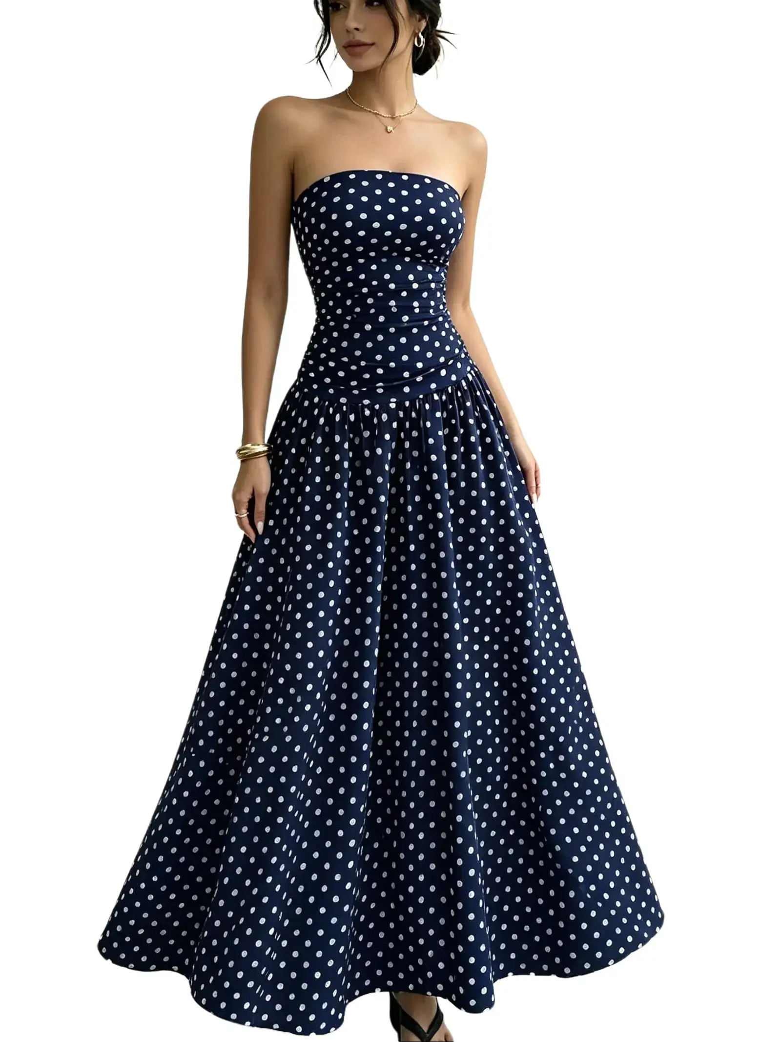 Women's Vintage Polka Dot Maxi Dress - Strapless A-Line Summer Party Dress with Elastic Ruched Bust and Slit, Maxi Dress For Women