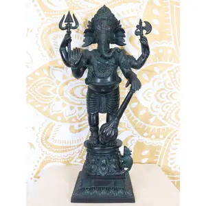 Ebros Large 21" Tall Bali Ganesha With Dhoti in War Armor On Pillar With Rat Statue