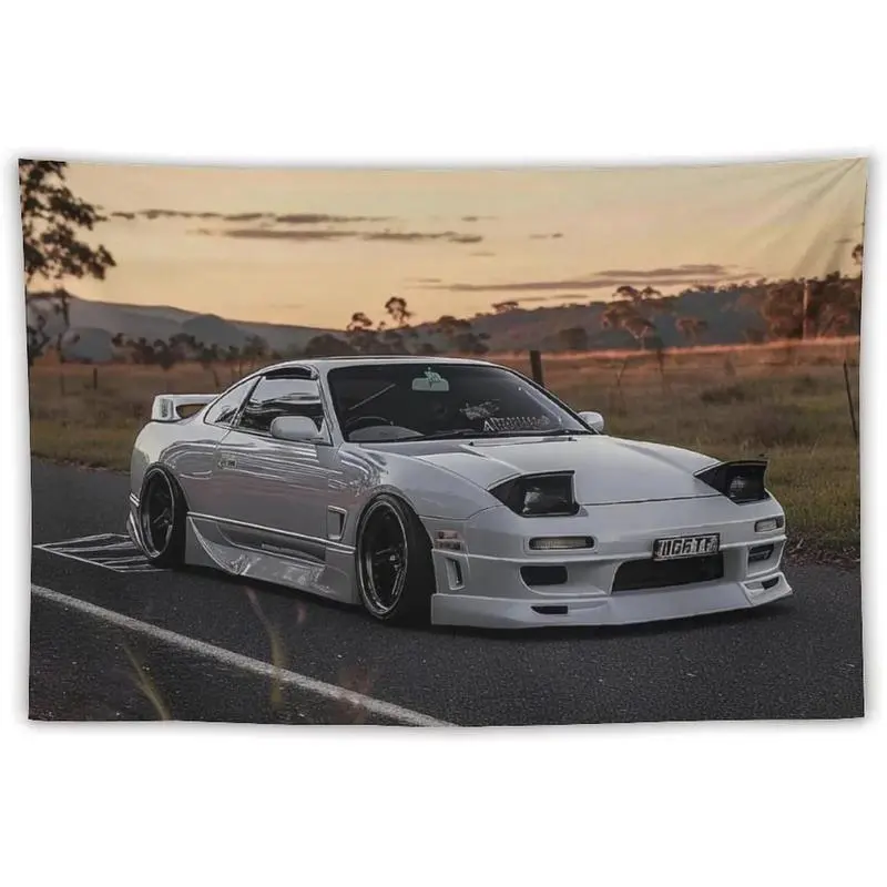 White JDM 240sx Jump Light Classic Muscle Car Tapestry - Full Print, Durable Indoor/Outdoor Home Decor, Lightweight Hangable Multi-Size Wall Art, Use as Beach Towel for Bedroom, Living Room, Use As Beach Towel Too