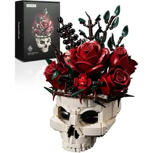 Gothic Skull Rose Flower Bouquet Building Set -  Skeleton Botanical Brick Kit for Adults, Gothic Decor with Red Roses, Dark Aesthetic Skull Planter Display,   for Women & Goth Lovers