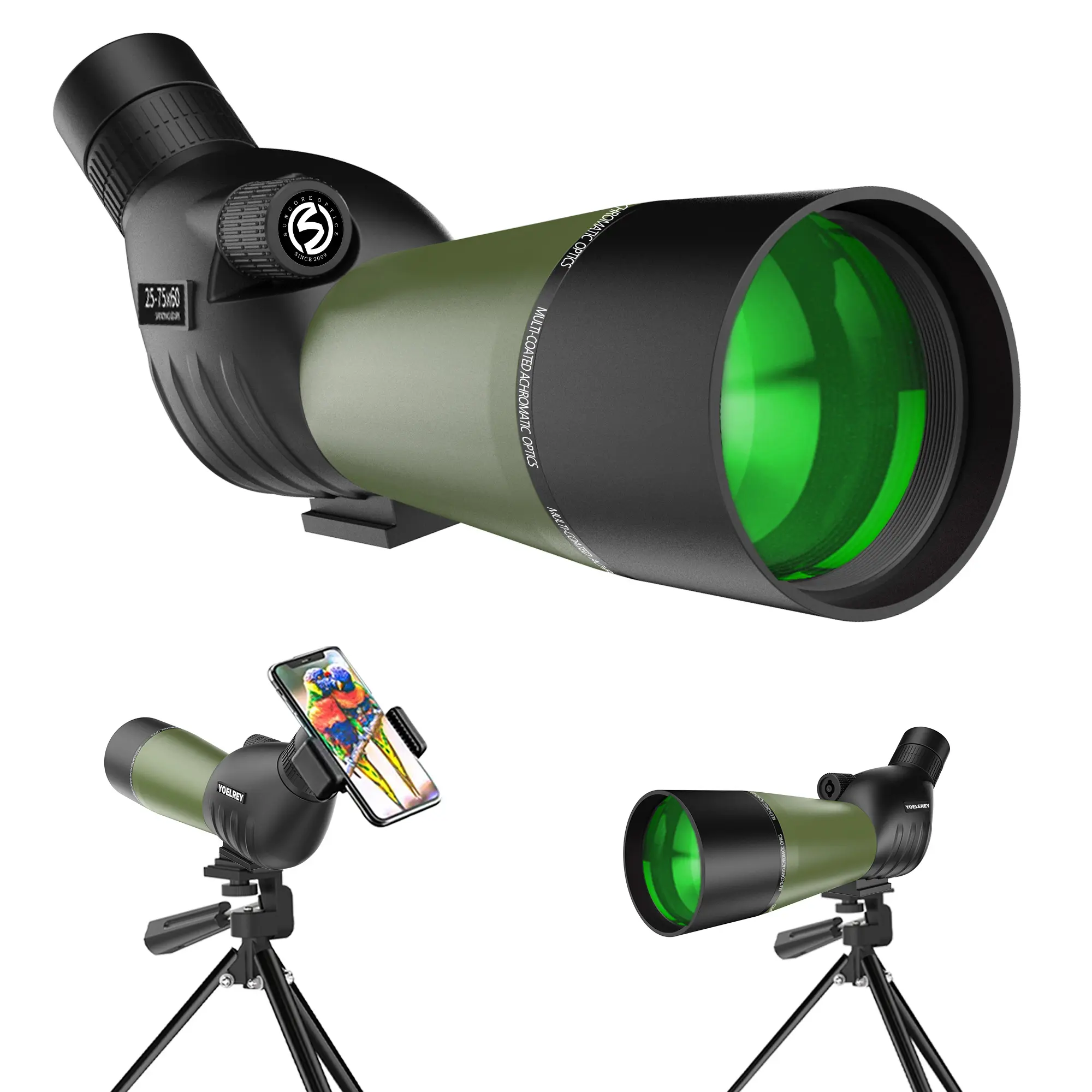 Angled Spotting Scope 25-75x60mm with Rubber Armor, Waterproof BAK4 Prism for Outdoor Target Shooting and Bird Watching, with Tripod & Phone Adapter