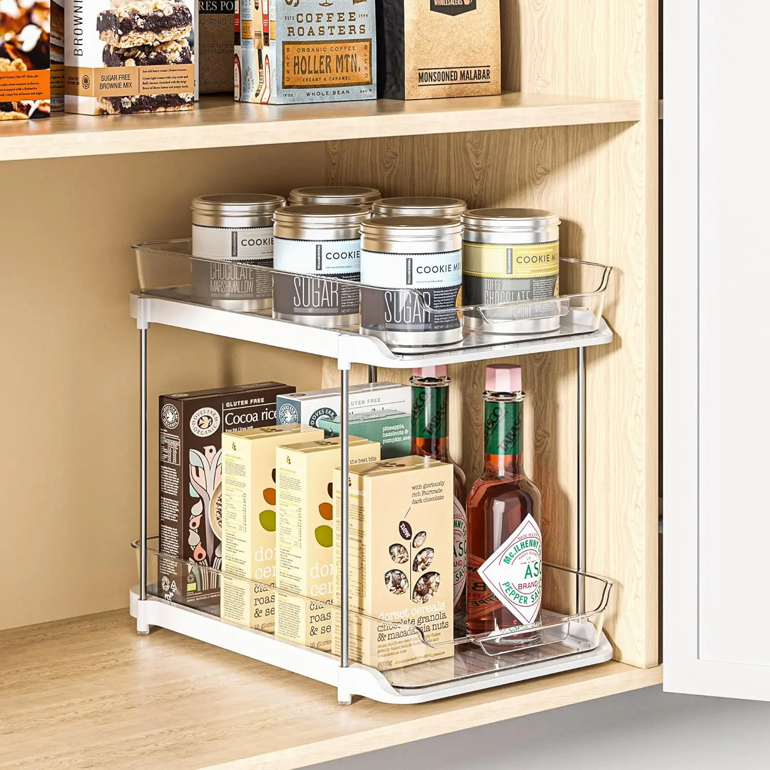 Heavy Duty 2-Tier Under Sink Drawer Organizer, Reinforced Clear Trays Metal Support Tubes Non-Slip Pad Storage Rack for Kitchen Vanity Pantry