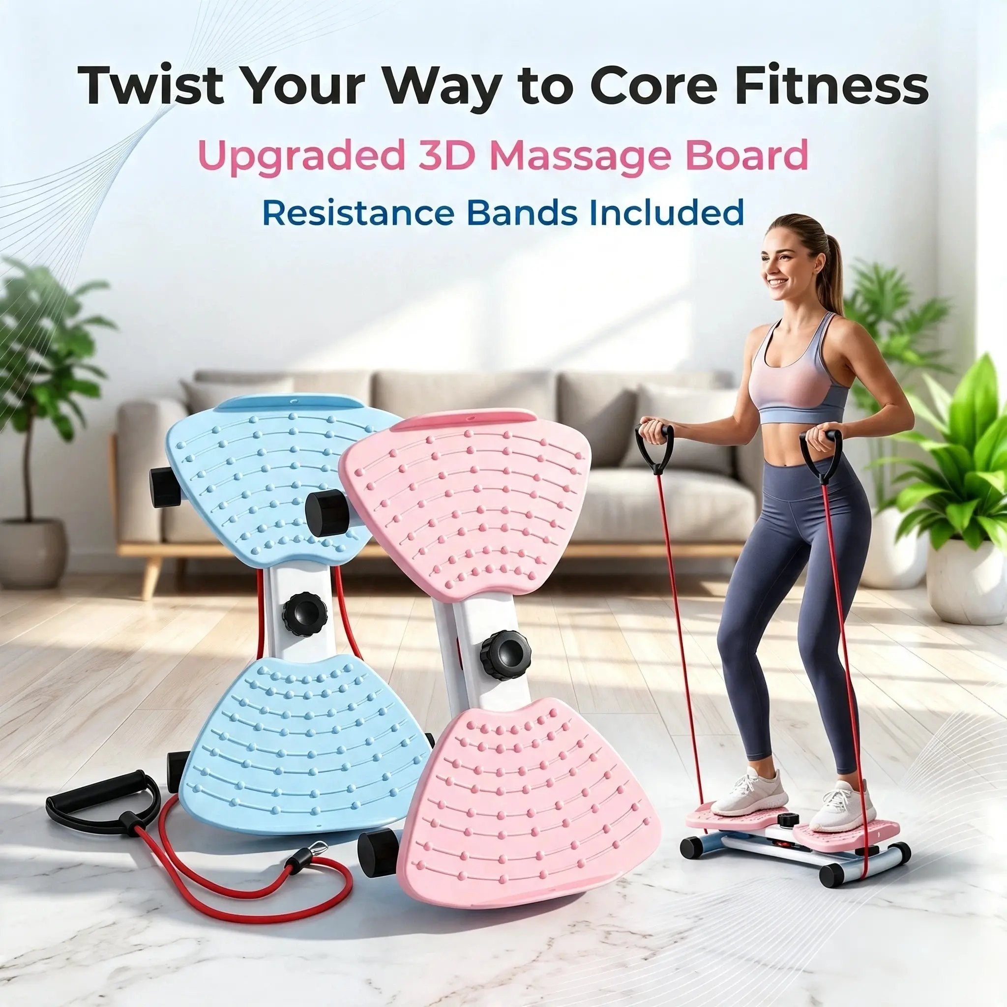 Split Waist Twister with Pull Resistance Bands, Compact Portable Home Fitness Gear for Core Training, Twist Exercise Board for Indoor Full Body Workout