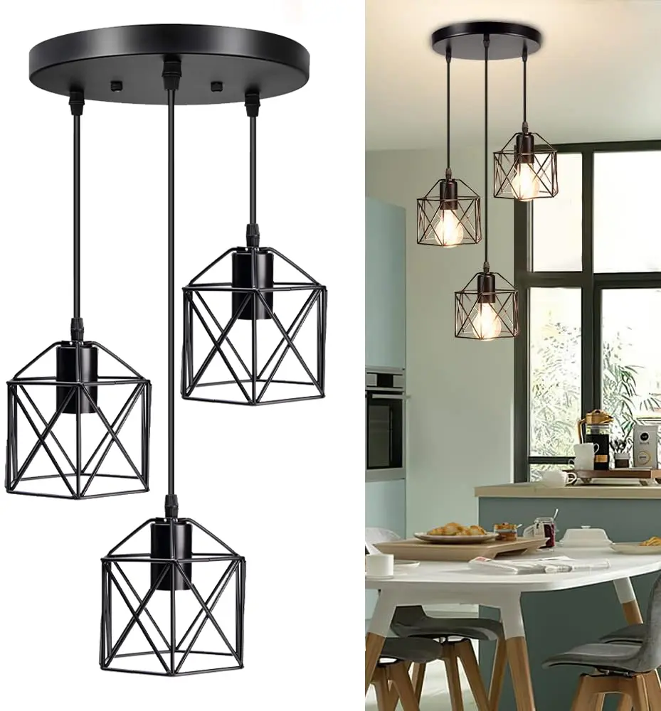 Vintage Pendant Light Fixtures (No Bulb Included) E26 Adjustable Hanging Lights for Bedroom 3 Light Cage Shade, Flush Mount Ceiling Swag Lighting