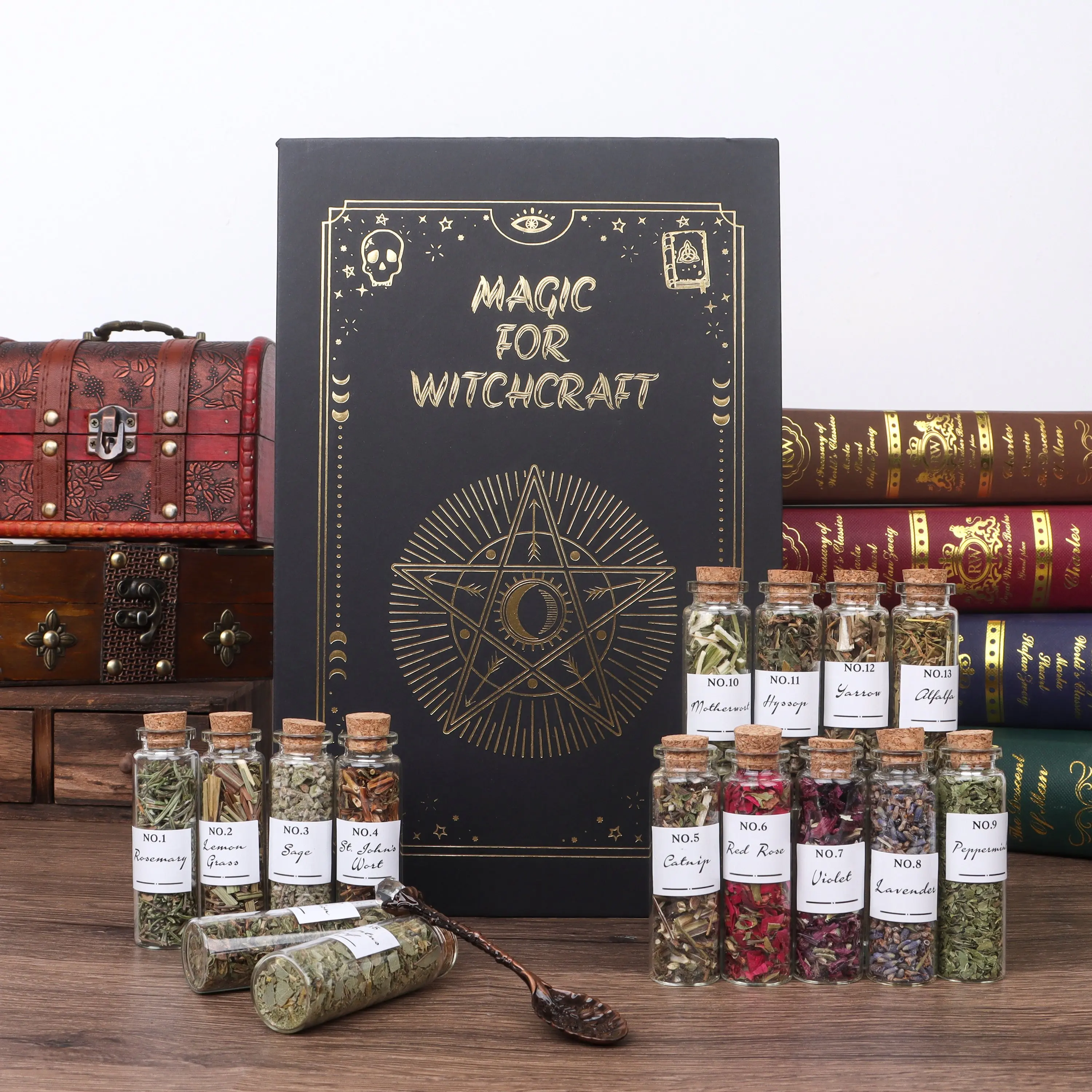 Organic Dried Herb Kit - 30/45pcs Starter Set for Witchcraft Rituals & Energy Cleansing, Includes Crystal Spoon & Labeled Bottles, WitchTok Essential Home Fragrance Supply
