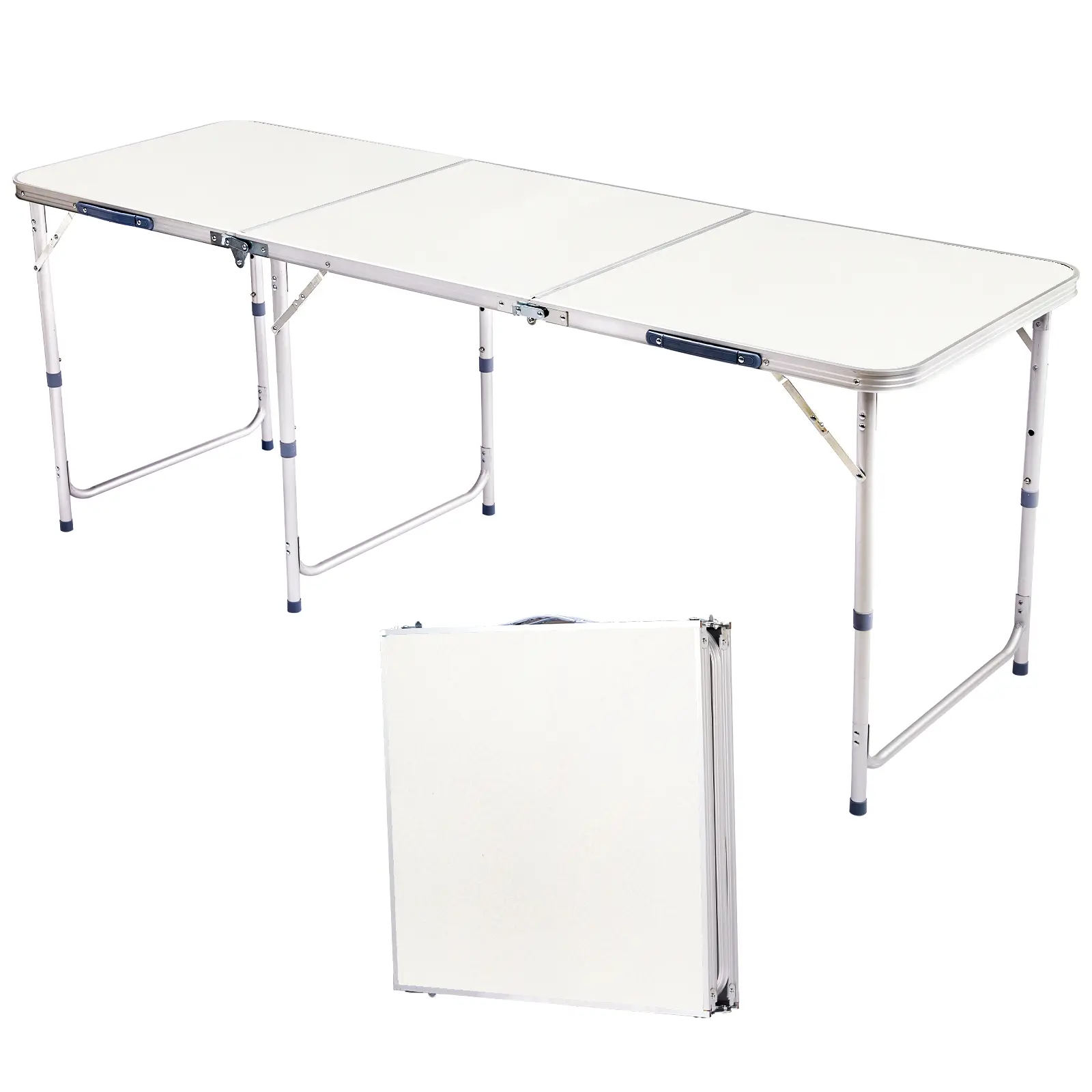 2.3/3/4/6Ft Folding Multipurpose Table, 120×60×70cm Height Adjustable Portable Table, White Dining/Game/Serving Table for Camping, Picnic, Party, BBQ