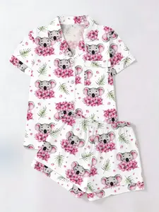 Women's Short Sleeve Shorts Cardigan Pajama Set Pjs, Background Flower Koala Full Print, Casual Style Home Wear Loungewear Nightwear All Seasons Pyjamas Homewear