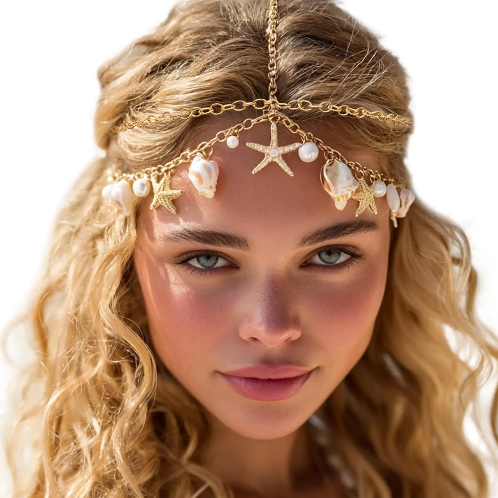 ELABEST Mermaid Pearl Head Chain for Women, Gold Boho Hair Jewelry with Shell & Starfish Details, Adjustable Festival Headpiece for Beach Wedding, Female