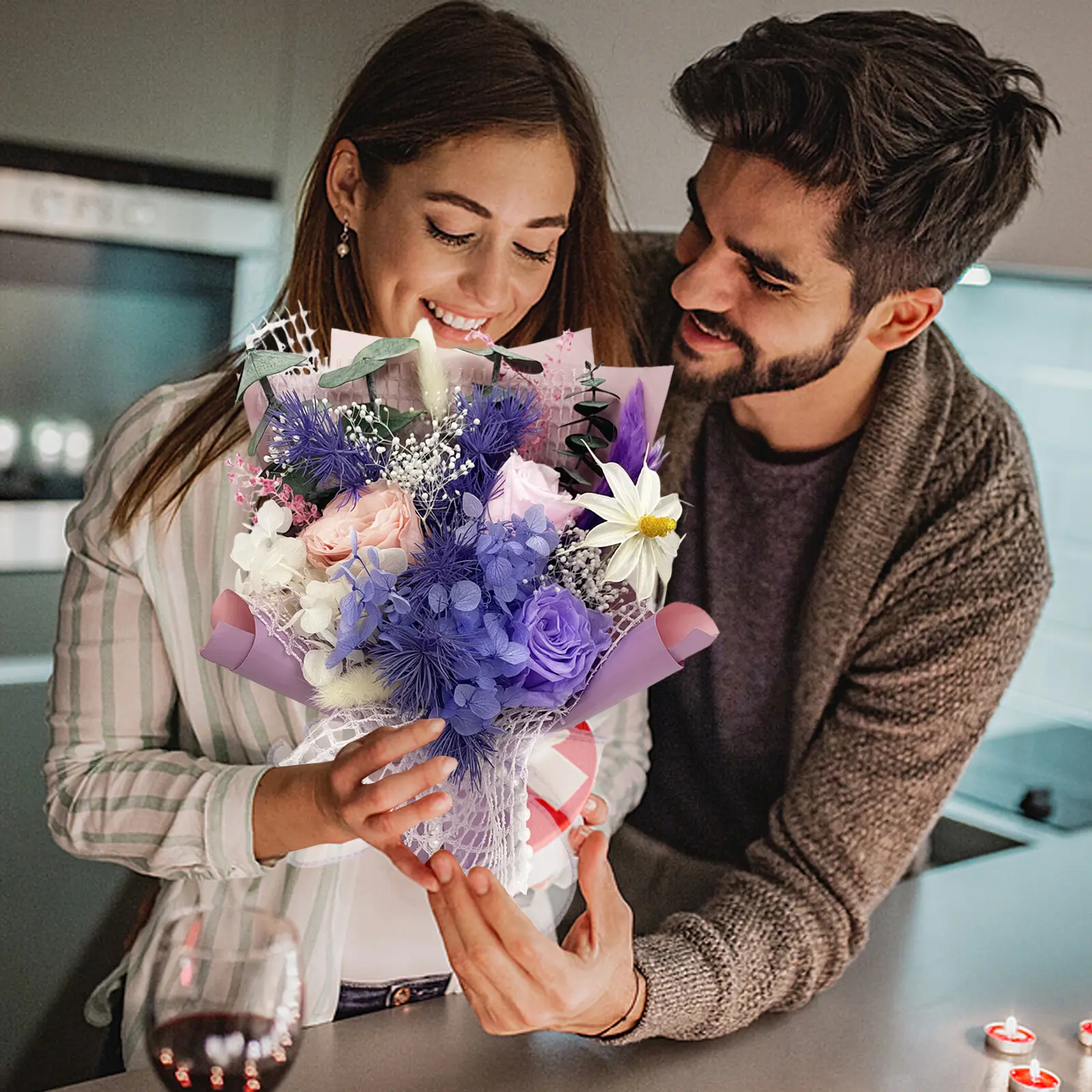 Preserved Flowers Bouquet Romantic Valentines Day Gift for Her LED Light 3 Real Rose for Delivery Christmas Mothers Day Birthday Gifts for Women Mother Wife Girlfriend Decorative Flowers for Home Decor Ornaments
