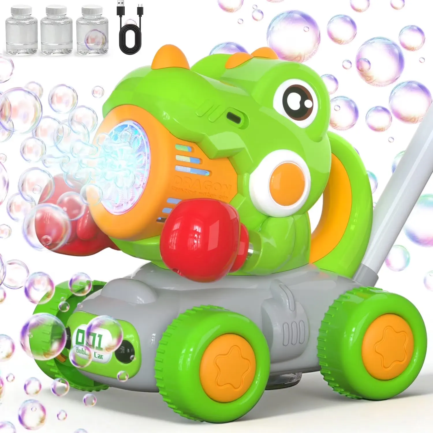 Automatic Bubble Lawn Mower Toy for Kids Ages 3-6, Rechargeable Bubble Machine with Lights, Push & Handheld Bubble Blower, Outdoor Bubble Maker for Backyard Play, Green
