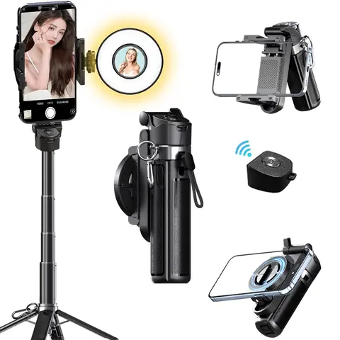 USfoture 6-in-1 Adjustable Magnetic 20.5in Selfie Stick - All-in-1 Monopod Stand with LED Light, Bluetooth Rechargeable Remote, Mini Tripod, Built-in Phone Grip, Handheld Stabilizer, Camera Mount, Tripod for iPhone & Smartphone Vlogging Accessories