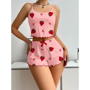 Women'S Cherry Strawberry Heart Print Spaghetti Strap Crop Top with Ruffled Hem Shorts Pajama Set - Red Bow Detail, Casual & Comfy Sleepwear, All-Season Wear, Stylish Intimate Apparel | Print Top | Ruffled Hem Shorts, Cherry Strawberry Themed Item