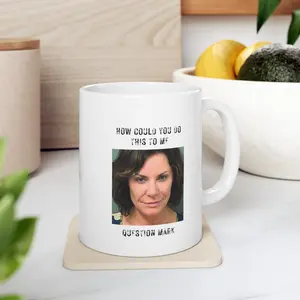 Real Housewives of New York Luann de Lesseps Mugshot Ceramic Coffee Mug, How Could You Do This to Me Question Mark Ceramic Coffee Accent Mug