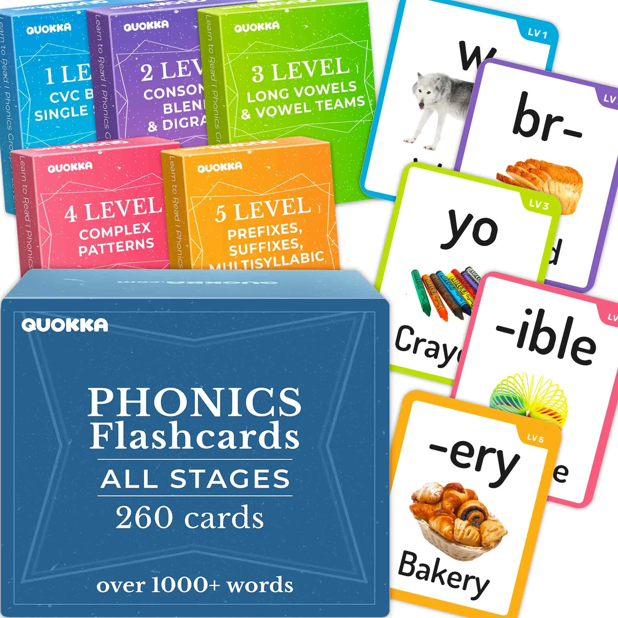 QUOKKA Cardboard Phonics Flash Cards for Preschool Learning & Early Learners Ages 4-8 - 260 Words, 20 Reading Stages, Learn to Read Games, Phonics Manipulatives for Classroom, Homeschool Phonemic Awareness