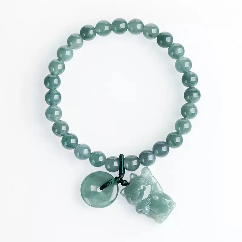 Natural Blue Water Jadeite Bracelet with Lucky Cat Charm – Prosperity and Fortune