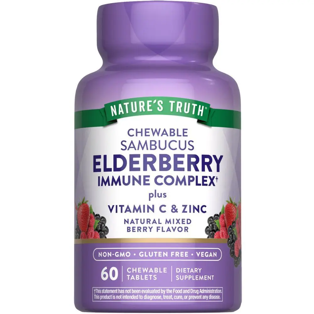 Nature's Truth Elderberry Immune Complex with Vitamin C and Zinc - 60 Chewables - Mixed Berry - Vegan, Non-GMO, & Gluten Free Supplement