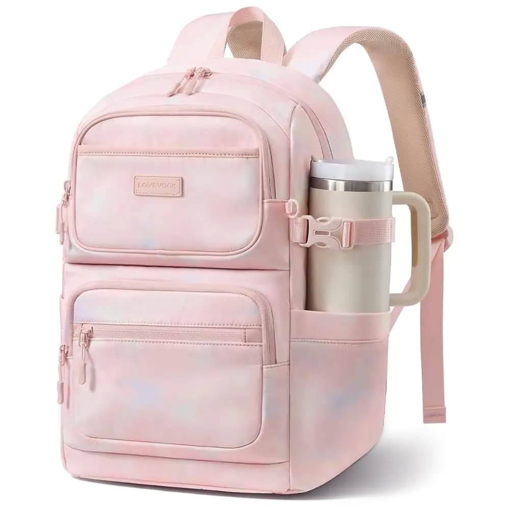 LOVEVOOK School Backpack for Teen Girls & College Students, Large Capacity Laptop Backpack with Water Bottle Holder, Lightweight Bookbag for School, Travel & Everyday Use, Beige-Khaki