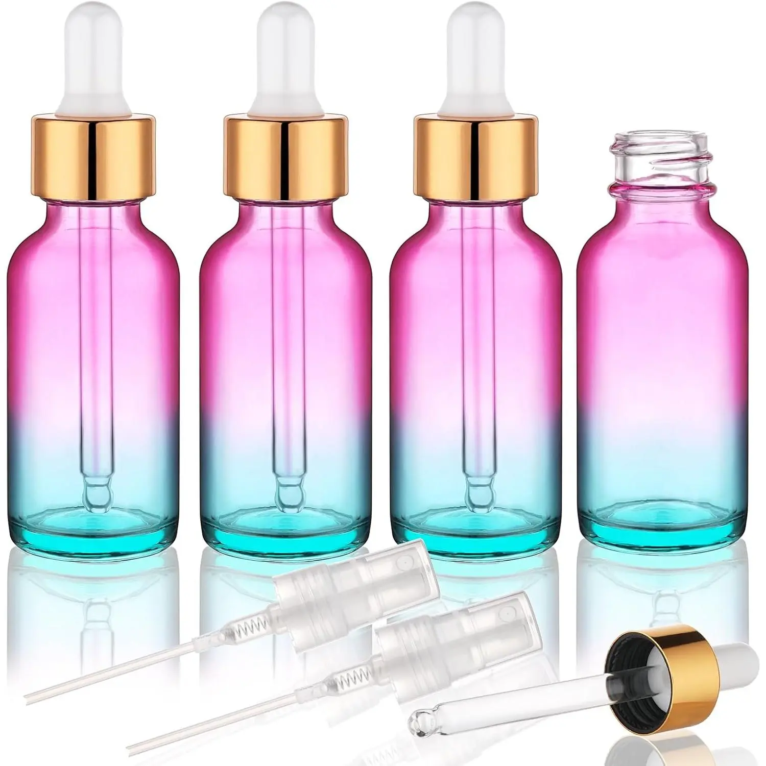 4 pack 2 oz Glass Dropper Bottle with Extra 2 Spray Nozzles 60ml Rainbow Colored Thick Glass Tincture Bottles Leakproof Travel Essential Oils Bottles (2 OZ)