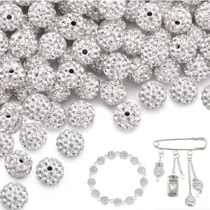 100 pcs 10mm Rhinestone Beads for Jewelry Making Crafting, White Shiny Round Disco Baseball Necklace Beads for DIY Shamballa Sparkle Crystal Clay Christmas Bracelet Earring