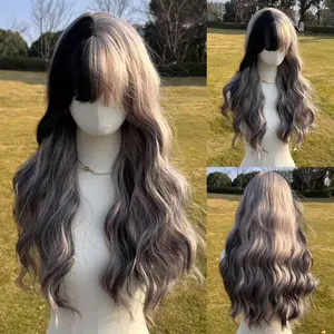 SMILCO 28'' Highlight Black and White with Curtain Bangs, Glueless, Natural-LookingScalp, Full Machine Cap, Adjustable Straps &Breathable Cap, Vibrant Color & Soft Texture SM391 Synthetic Hair Wig Stylist Friendly Wig