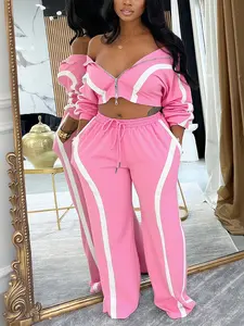 Women's Patchwork Long Sleeve Top & Wide Leg Pants Set, Fitted, Casual Adjustable Drawstring Waist, Fall Winter Fashion, Comfortable Daily Wear Outfit