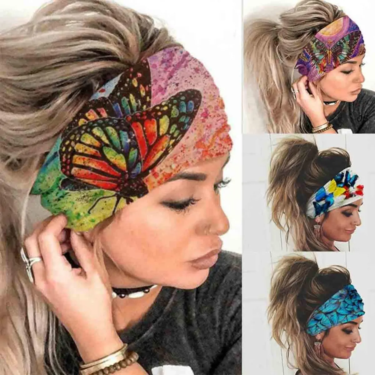 Women's 4-Piece Elastic Wide Bohemian Butterfly Print Knitted Headband Set - Breathable Spandex Blend, Sweat-Absorbent Fabric (6.1*9.3 in), Foldable for Sports/Beach, Everyday Hair Accessory, 6.1*9.3 Inches, Foldable Shape, Can Be Folded, Casual, Cute, Da