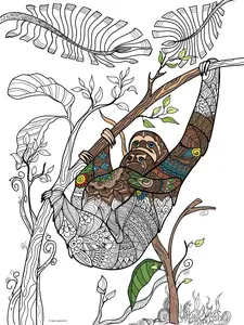 Hanging Sloth and Cub Coloring Poster – Animal Art for Kids and Adults | DIY Stress Relief Coloring Poster