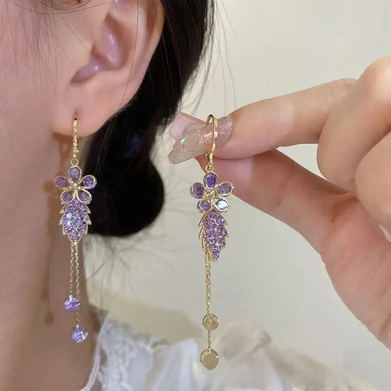 SocoShiny Fashionable Exquisite Full-Diamond Zircon Flower Leaf Tassel Earrings DDES0301  New Design Unique Earrings 14K Gold-Plated