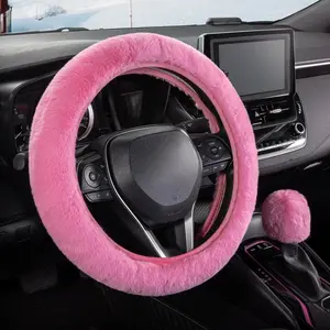 Direct Furry Steering Wheel Cover For Car With Fluffy Gear Shift Cover, Soft Warm Non-Slip Car Decoration For Women Girls 2 PCS Set, Pink