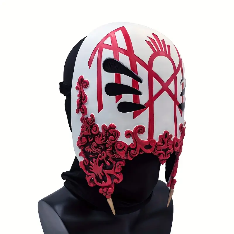 1pc Premium Resin Mask - Rock-Inspired Design with Red & White Stripes, Black Accents & Ornate Carvings, Lightweight Durable Home Decor for Halloween, Hanukkah, Easter, Costume Parties & Themed Events, Holiday Costume Mask Creepy Strap scene accessories