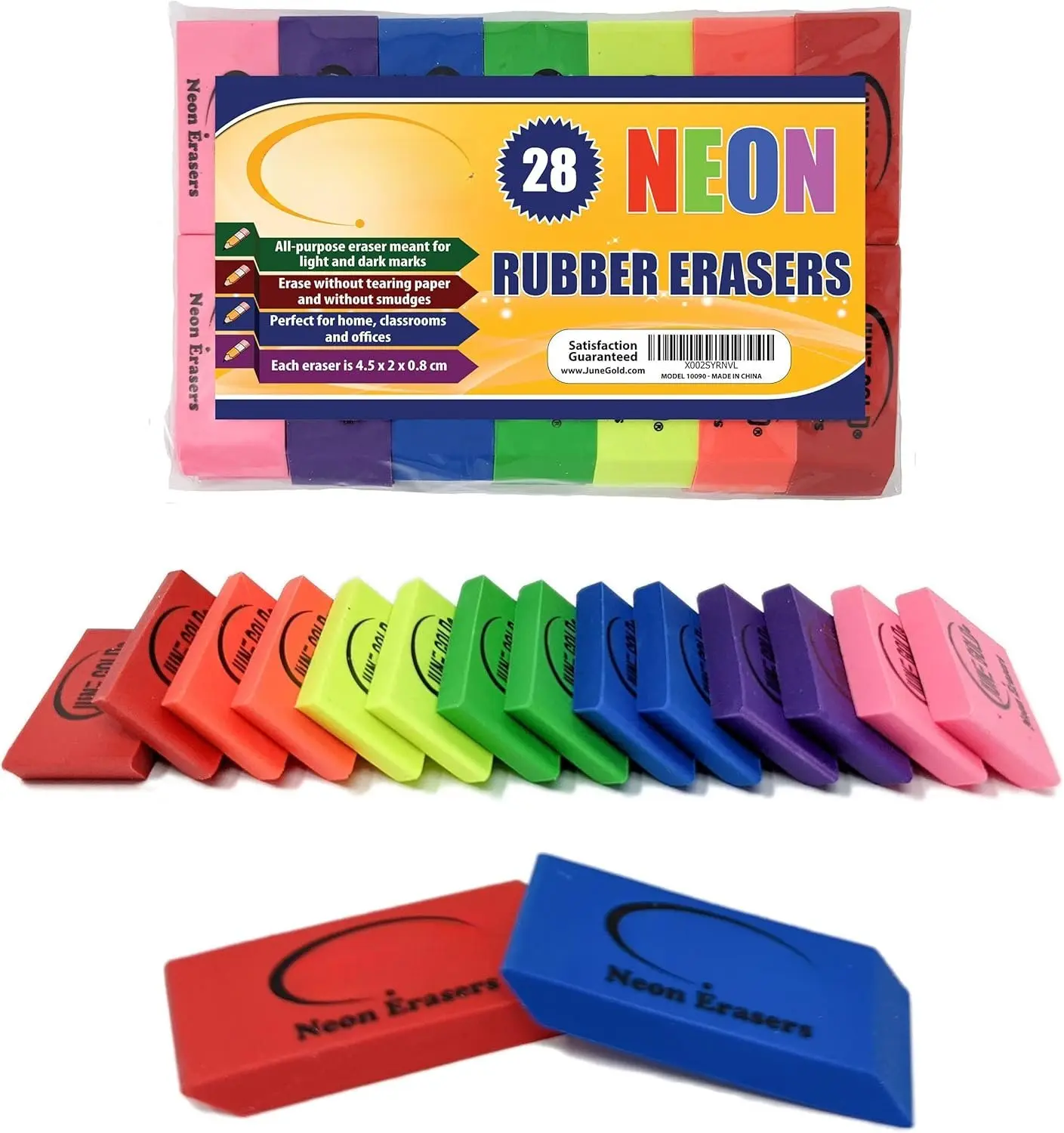 28 Neon Colored Rubber Erasers - These -Purpose erasers are  for classrooms, Homes & Offices