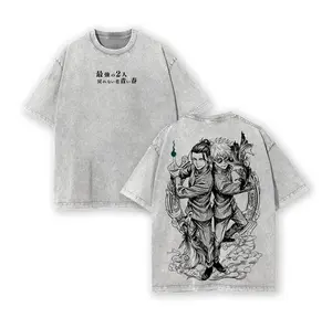 Menswear Round Neck Short-Sleeve T-Shirt, 2026 New Jujutsu Kaisen Satoru Gojo Suguru Geto Anime Oversized Washed Grey Distressed Double-Sided Graphic Tee, Harajuku Y2K Streetwear Festive Soft Cotton Casual Manga Print Summer Outfit, Gift for Anime Lovers,