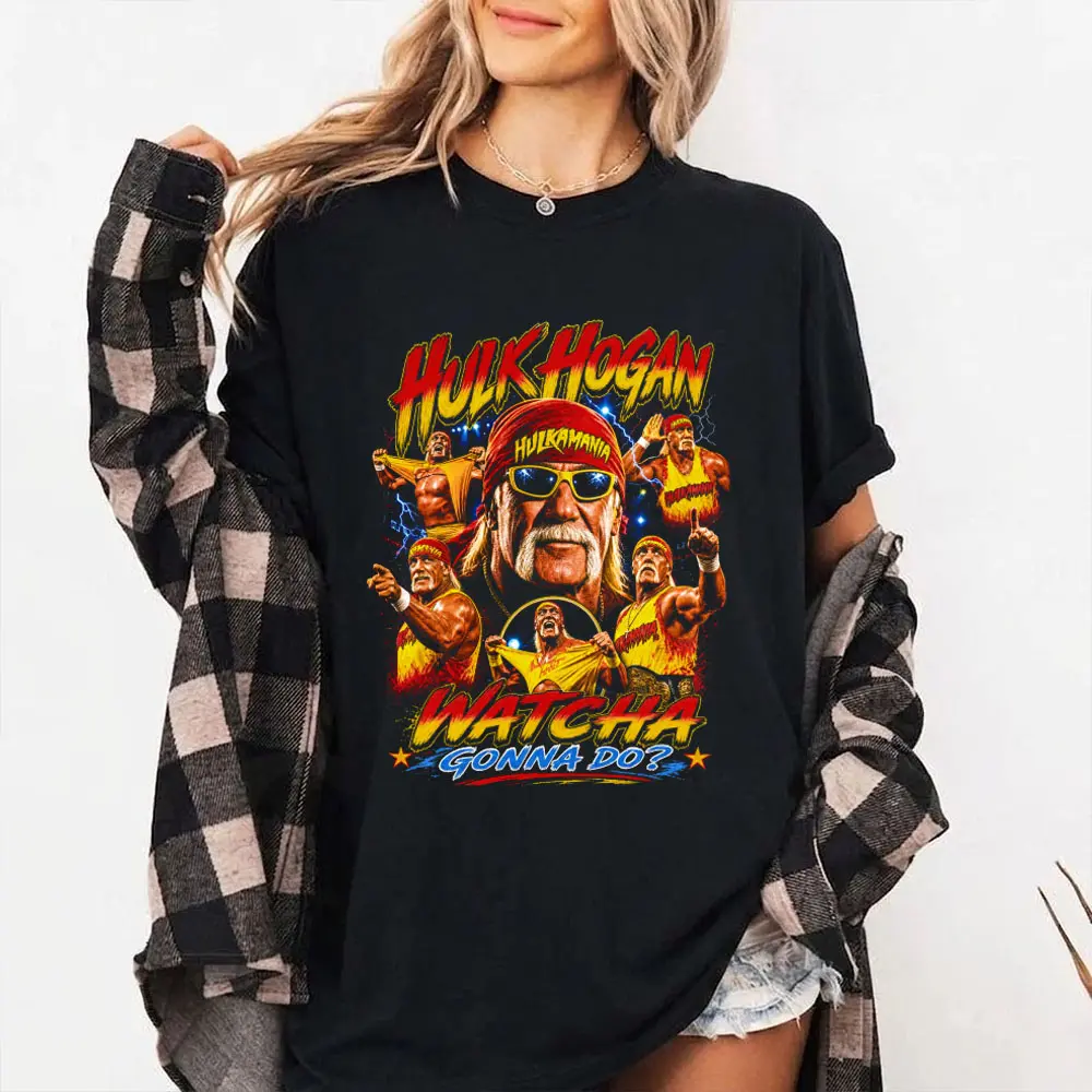 Hulk Hogan Wrestling T Shirt Retro Red Yellow Lightning Graphic Tee Gift Fans